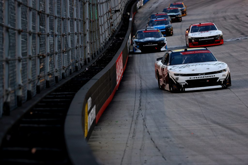 BRISTOL, TENNESSEE - JUNE 01: AJ Allmendinger, driver of the #16 Ellsworth Advisors Chevrolet, leads a pack of cars during the NASCAR Xfinity Series Cheddar's 300 presented by Alsco at Bristol Motor Speedway on June 01, 2020 in Bristol, Tennessee. (Photo by Kevin C. Cox/Getty Images)